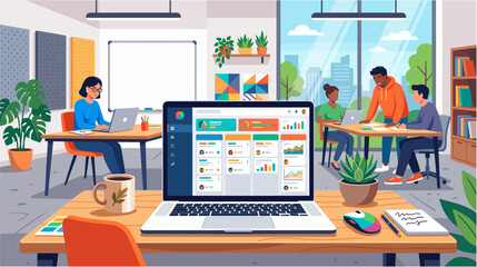 Fototapeta premium Laptop displaying project task management dashboard with colorful progress bars and team activity in a modern office interior