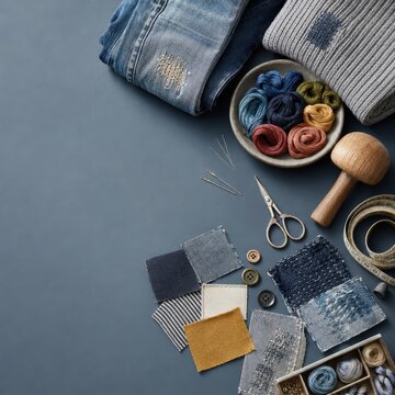 Atelier cr&eacute;atif de r&eacute;paration textile avec chutes de denim