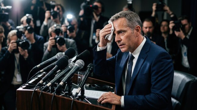 Stressed Male Official Wiping Sweat During Intense Crisis Press Conference, Accountability and Media Scrutiny Theme, Website Banner Hero Header Wide Background