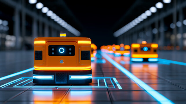 Futuristic logistics concept at airport featuring autonomous orange robots operating at night with glowing blue lights creating high tech and efficient atmosphere