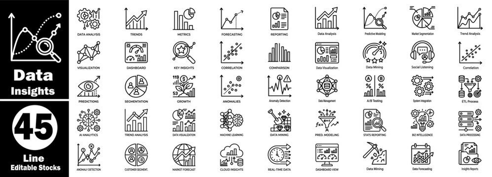 Data insights line icon set for business analytics and financial charts.