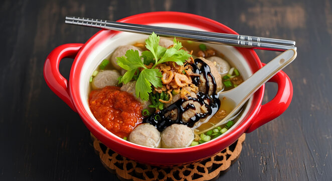 Indonesian bakso dish or meatballs soup with noodles served in a red bowl with eating utensils on wooden table background. Common food in Indonesia usually as main course or comfort food