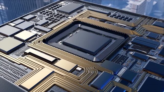 超高層ビルの頂部で青く発光し起動する巨大なマイクロチップと黄金の電子回路網