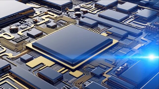 超高層ビルの頂部で青く発光し起動する巨大なマイクロチップと黄金の電子回路網