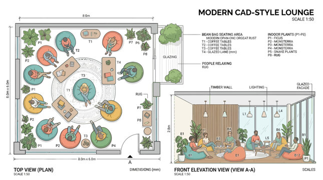 Modern CAD-style lounge architectural illustration