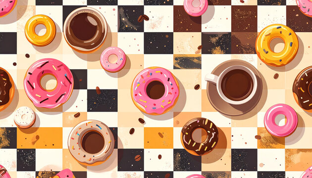 Colorful donuts and coffee cups on checkerboard patterned background