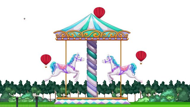 Animated Carousel with Spinning Horses and Floating Hot Air Balloons