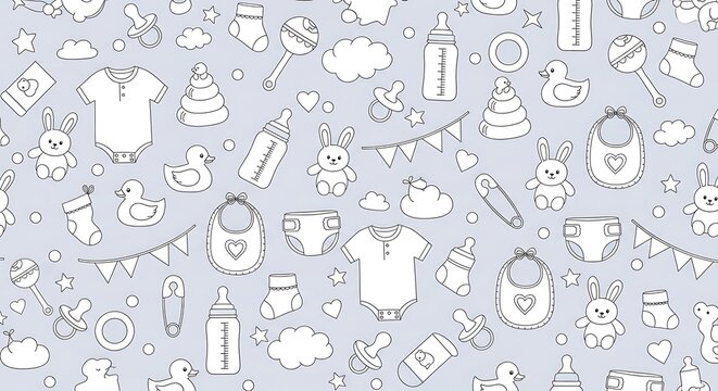 Cute hand drawn seamless pattern of baby care items and toys on light blue background