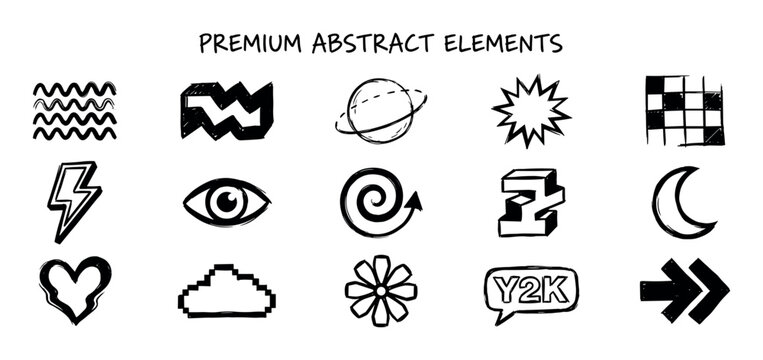 Set of black hand-drawn abstract elements in a Y2K and brutalist style, featuring various shapes like hearts, stars, planets, and lightning bolts for creative design