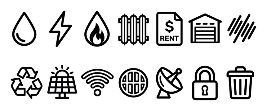 Set of black line icons representing household utilities and home services like water, electricity, heating, rent, internet, and waste management for real estate concepts