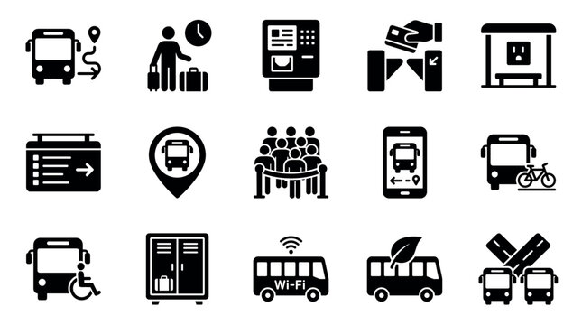 Black glyph icon set for bus public transport, illustrating travel elements like schedule, ticket, station, passenger, accessibility, and modern amenities for app design