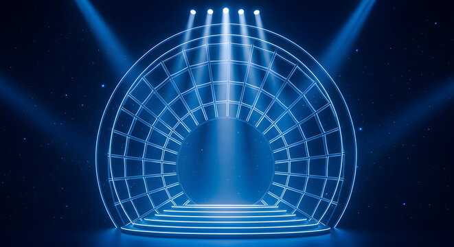 Illuminated stage with circular truss structure and ascending steps isolated on transparent background for composite visuals