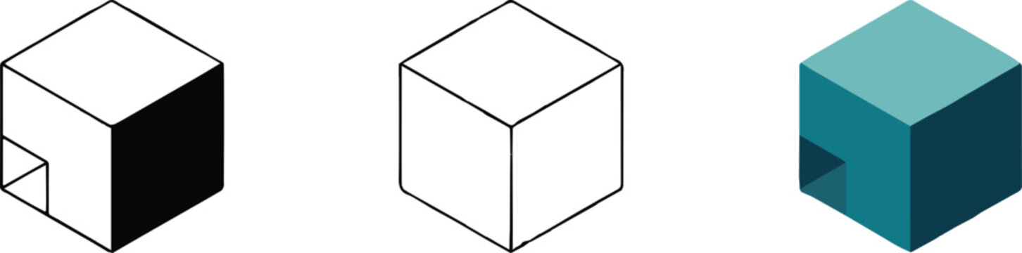 cube isometric set outline filled shaded minimal 3d illustration