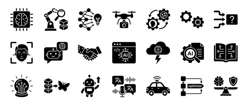 Collection of solid black pictogram icons illustrating artificial intelligence themes including deep learning, automation, robotics, data analysis, and futuristic technology concepts
