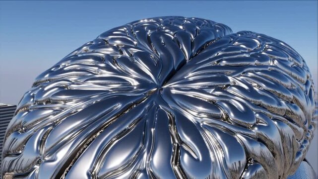 未来都市の超高層ビル頂部で純白に発光し起動する巨大な人工脳コアとチタン回路網