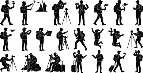 Photographers and cameramen in various shooting poses isolated on white background, Vector © SULTAN