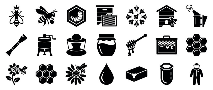 Beekeeping and honey production solid glyph icons featuring a queen bee, hive, honeycomb, beekeeper suit, and apiculture equipment in a simple black silhouette vector collection