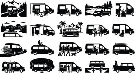 Obraz premium Modern camping vans in various outdoor scenes isolated on white background, Vector