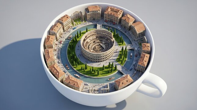 Colosseum amphitheater sits nestled inside a white ceramic coffee cup surrounded by a miniature ancient Roman city and winding water canals.