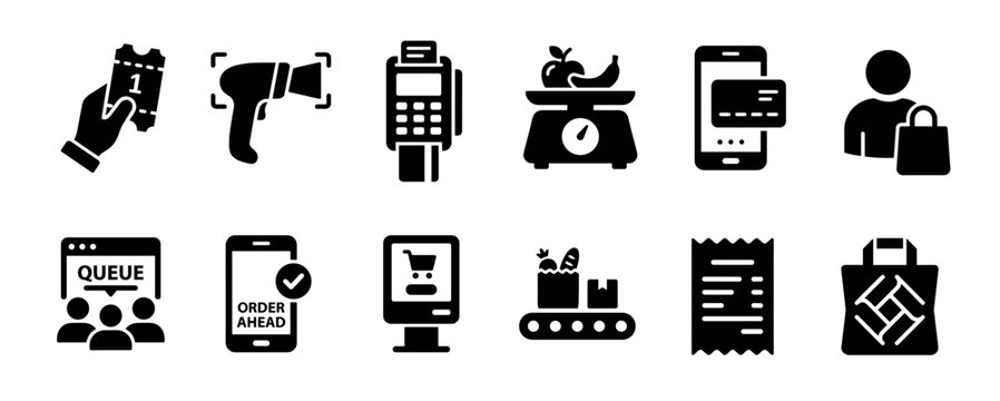 Set of black glyph icons representing shopping and retail concepts, including symbols for payment, barcode scanning, mobile ordering, self-checkout, and queue management