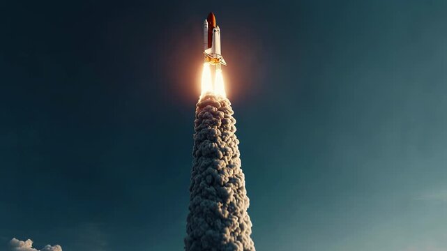 Space rocket ascending with exhaust flames, camera on body filming straight down, realistic daylight sky