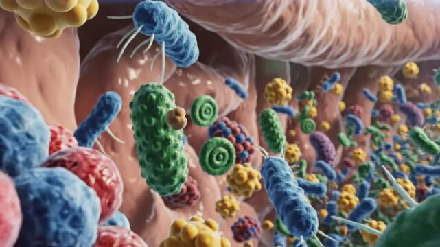 Microscopic view of the human microbiome showing various types of bacteria and microorganisms in a vibrant intestinal ecosystem