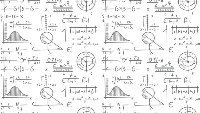 Hand drawn mathematical formulas graphs and geometric shapes on white background seamless pattern mathematics