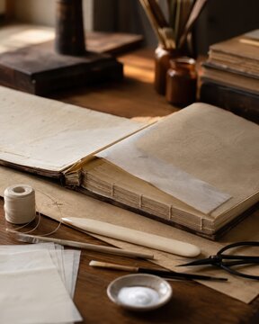 Reliure artisanale d'un livre ouvert sur &eacute;tabli en bois
