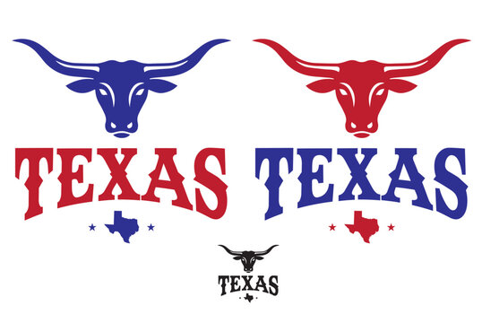 Vintage Texas longhorn designs with red/blue decorative lettering, state outline, and stars. Perfect for t-shirts, logos, Western wear, ranch branding, and Texas pride merchandise.