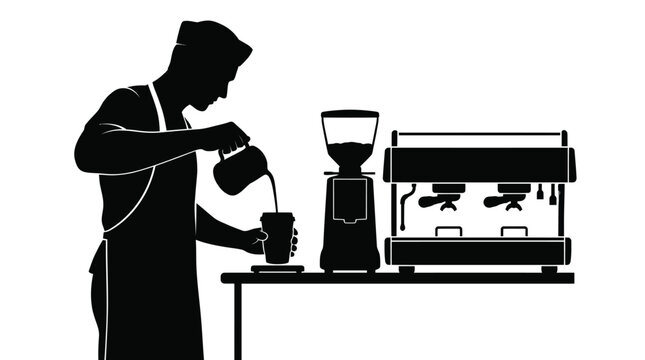 Professional barista pouring hot milk into a coffee cup in this high contrast graphic art image