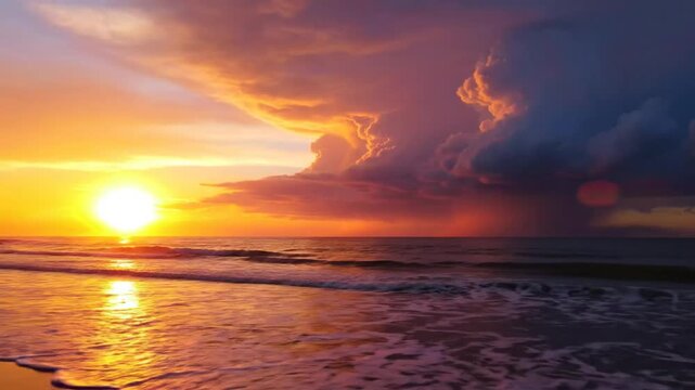 Stunning golden sunset over the ocean with dark storm clouds on the horizon reflecting on the wet beach
