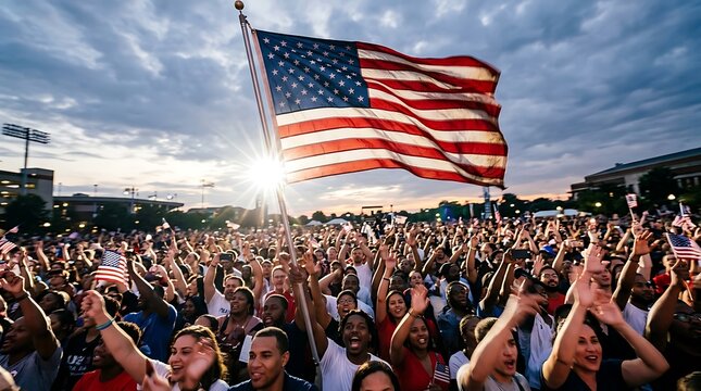 Juneteenth freedom day celebration with diverse crowd waving american flags