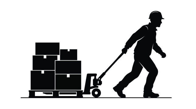 Silhouette of a warehouse worker pulling a pallet jack loaded with heavy cardboard shipping boxes