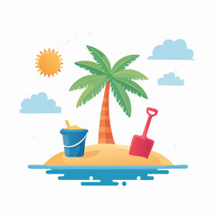 Obraz premium Tropical Island with Palm Tree, Sand Bucket, and Shovel