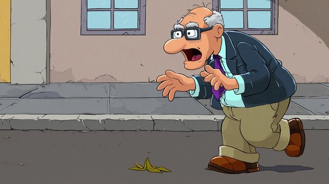 Old man runs past street, eyes wide with shock. He points at something small on ground, mouth open. His suit and glasses look slightly askew. Yellow leaf lies in the pavement near his feet