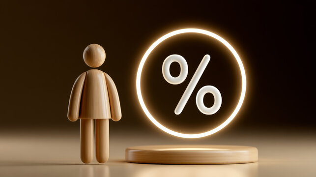 Wooden figure stands beside glowing percentage symbol, representing financial growth, interest rate, or reward points in modern, minimalistic style with warm lighting