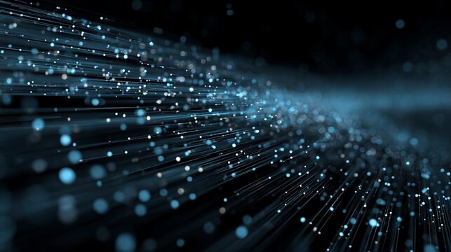 A stunning visual representation of digital data streaming through a dark space with vibrant blue lines and dots.