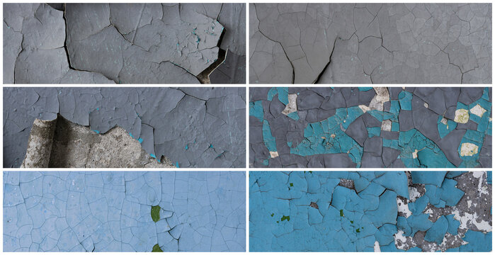 Set of peeling paint textures. Old concrete walls with cracked flaking paint. Weathered rough painted surfaces with patterns of cracks and peeling. Collection of panoramic backgrounds for design.
