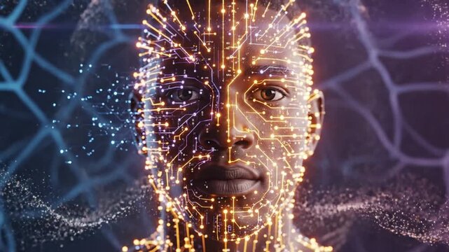 Futuristic cyborg concept: African man's face split between human and advanced circuit board technology, digital overlay