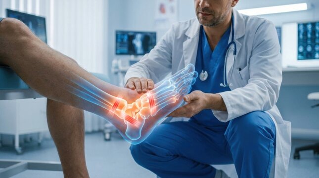 Doctor examines patient's foot with highlighted bones and joints indicating pain
