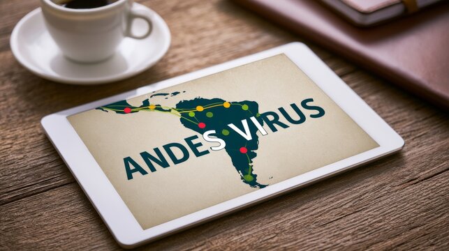 Tablet displaying South America map with Andes Virus outbreak routes