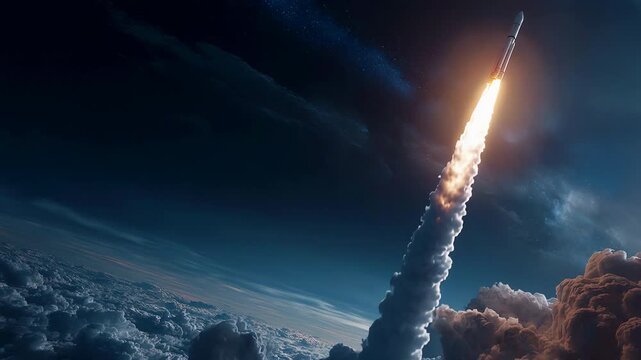 Rocket flying into the sky after launch, exhaust flames, daylight cinematic view from onboard camera looking down