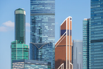 Modern skyscrapers against the sky. View of residential and office high-rise buildings. Close-up. Moscow international business center. Moscow city, Russia. © Andrei Stepanov