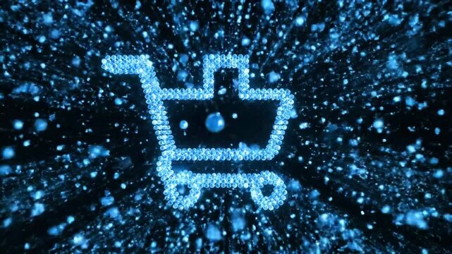 Abstract shopping cart illustration in glowing blue particles over black background for commerce concepts and online purchase
