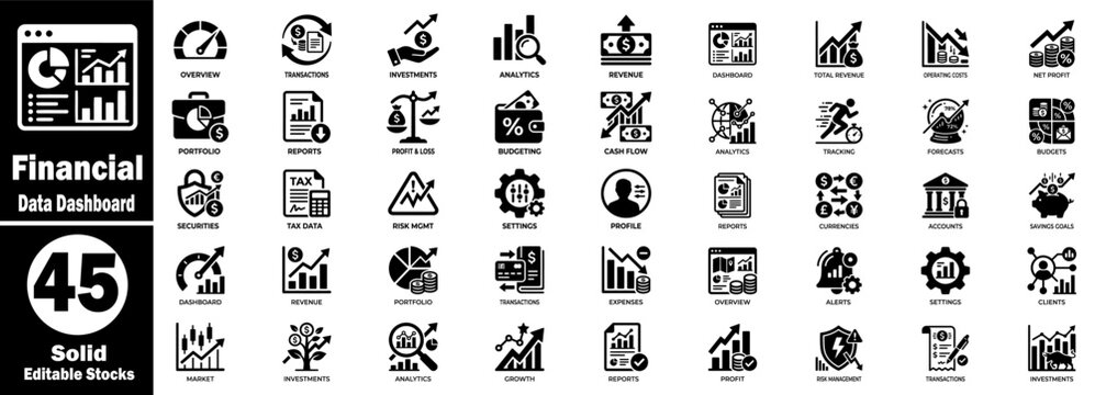 Financial data dashboard solid icons for corporate banking management vector elements.