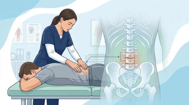 Physical therapist examines patient's lower back and spine anatomy