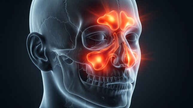 3D medical illustration of inflamed sinuses highlighted in red within a human skull