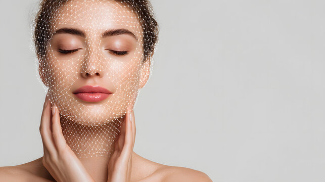 A woman, who is closed, touches her cheek while a fine white facial mesh covers her face and neck in a clean background. This is a great tool for skin analysis, cosmetic treatments, and beauty tech ad