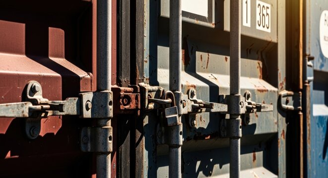 Steel shipping container locked with a padlock. Metal freight cargo box door. International logistics, global trade and industrial transportation equipment. Security and storage concept.