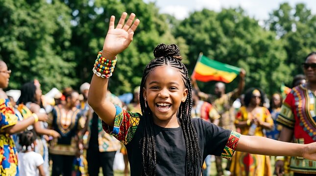 Juneteenth freedom day celebration joyful african american girl waving at festival